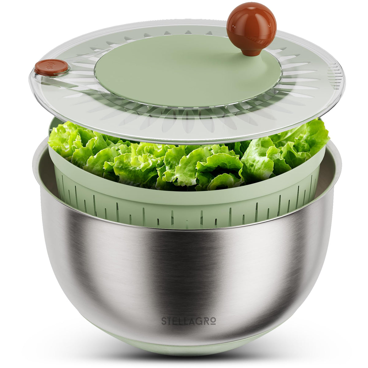 STELLAGRO stainless steel salad spinner large bowl for fast washing and drying greens