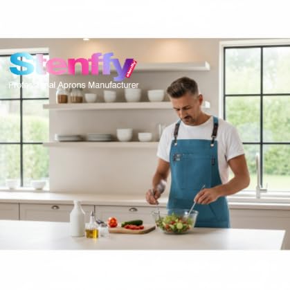 Stenffy blue apron offers professional styling for busy kitchens and studios.