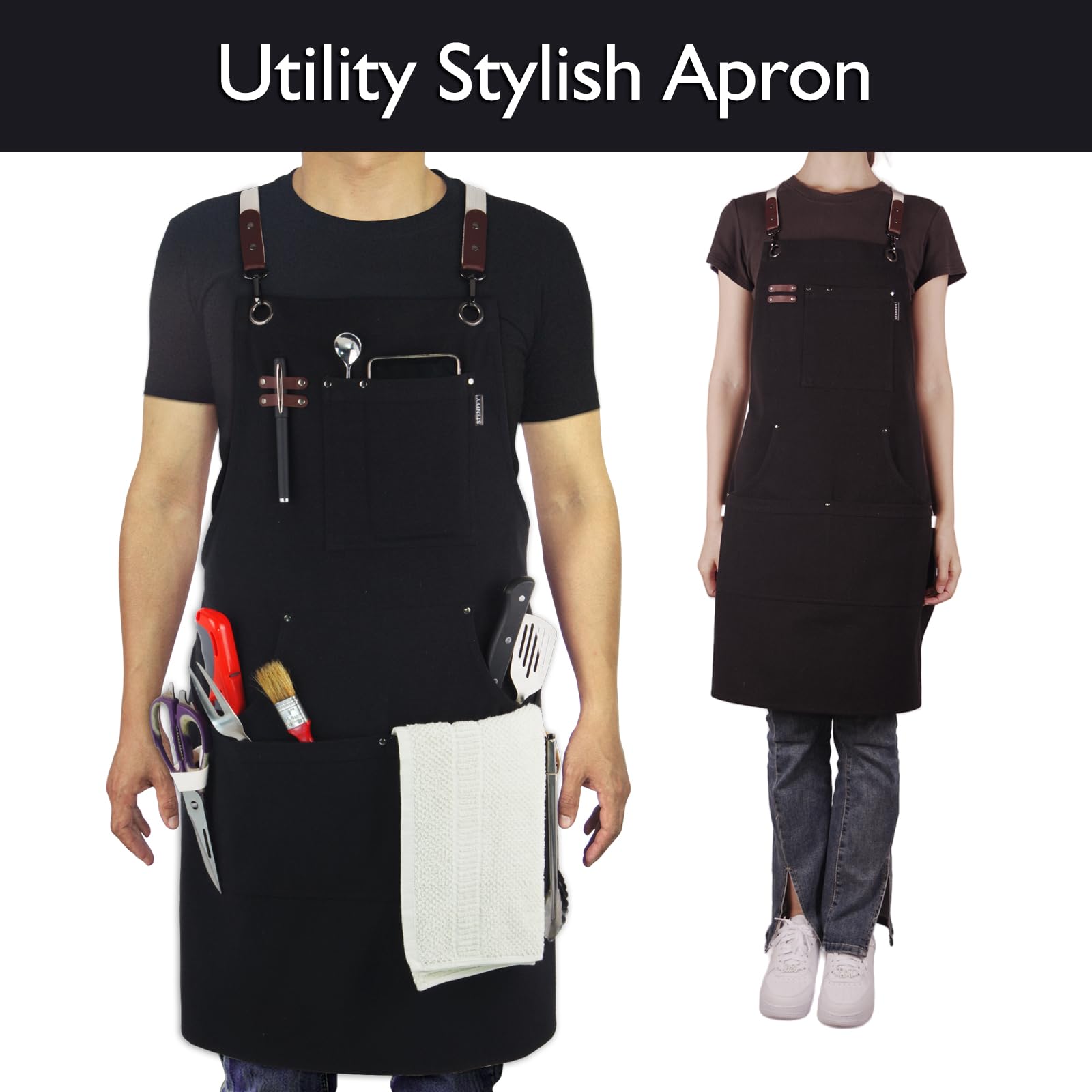 Stenffy apron five-pocket layout keeps tools and phone handy.
