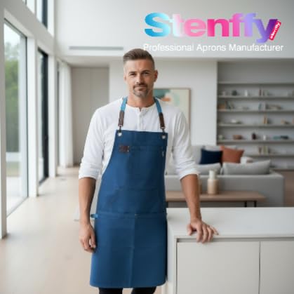 Stenffy apron five pockets and loops for phones, pens, and utensils.