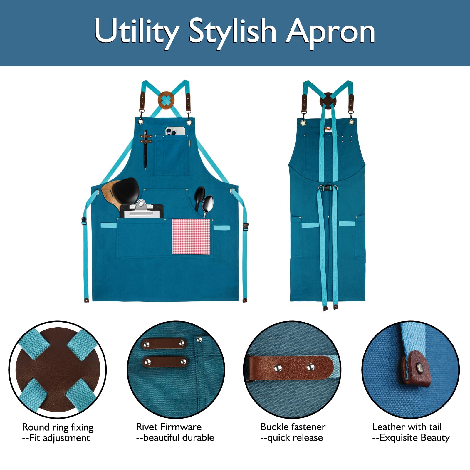 Stenffy apron reinforced pockets securely hold tools and small items.