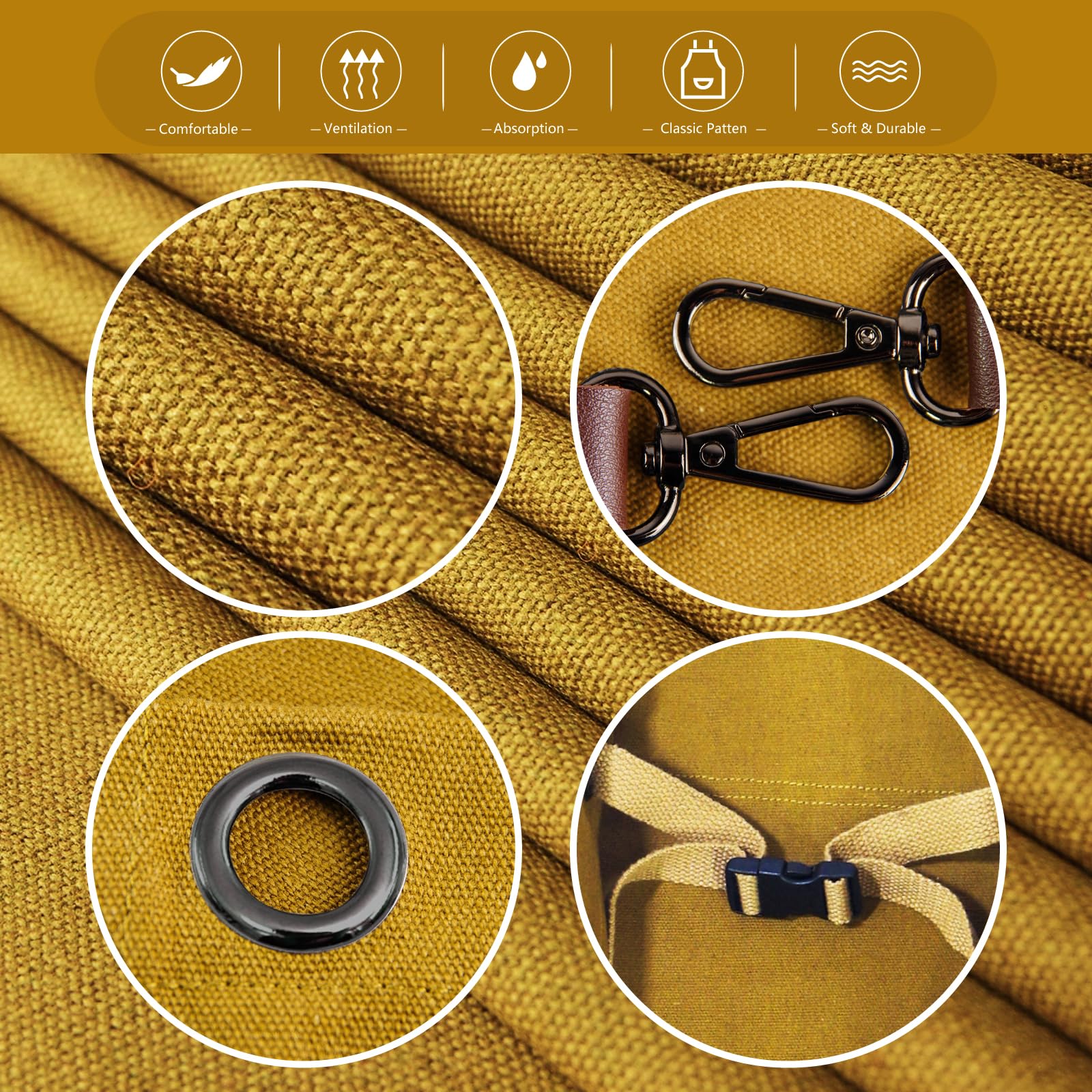 Stenffy apron reinforced with rivets and metal grommets.