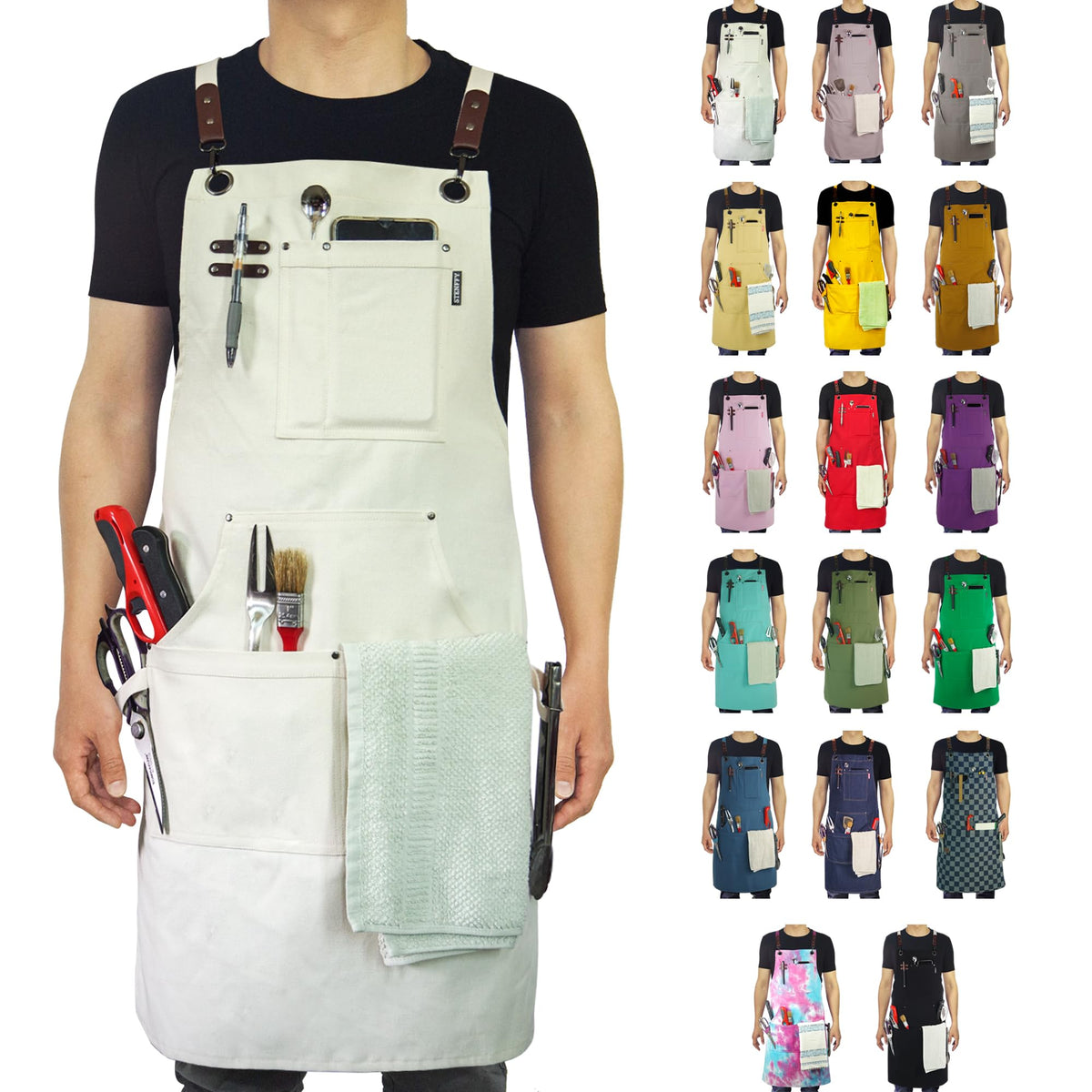 Stenffy kitchen apron with front pockets for quick tool access and organization.