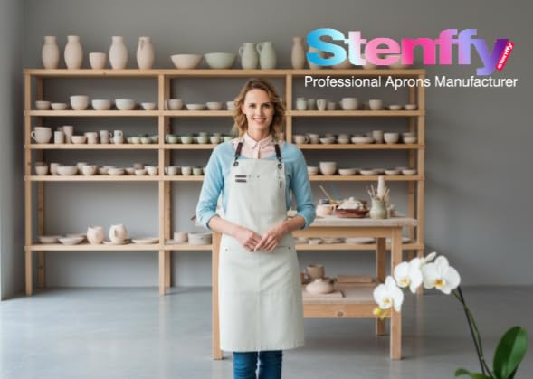 Stenffy white canvas kitchen apron suitable for home and studio use.