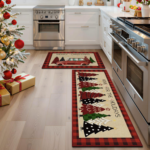 StepRite Christmas Tree Print mat 17x30 cushions foot traffic near the sink.