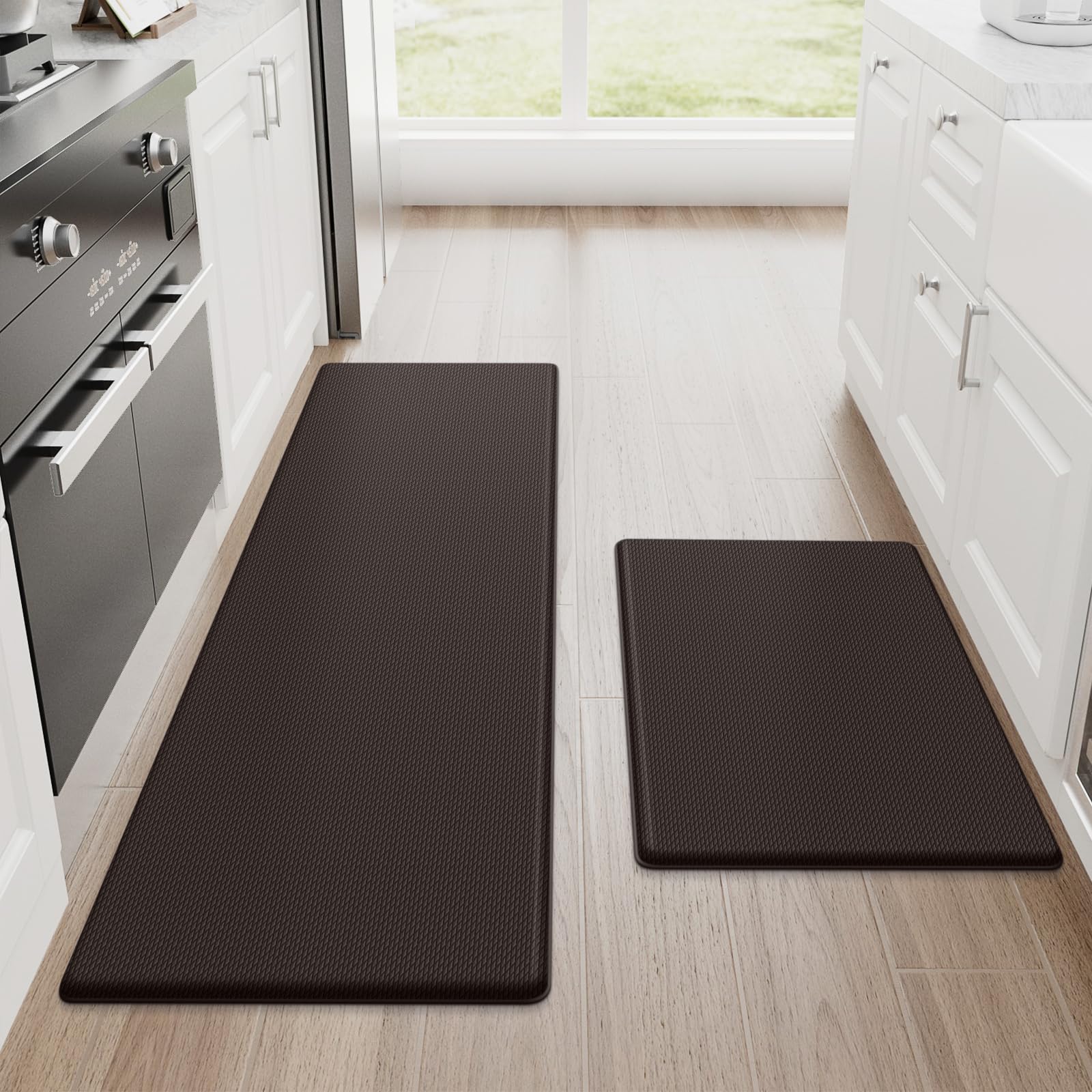 StepRite kitchen mats 2-pack overview highlights anti-fatigue cushioning and chocolate finish.