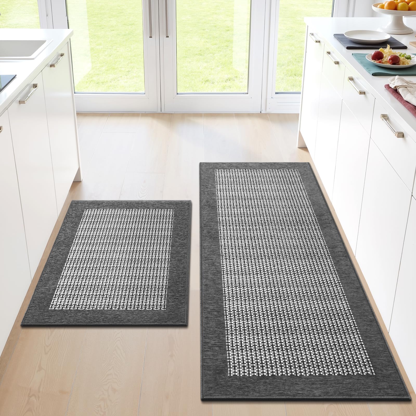 StepRite kitchen mat with non-slip backing stabilizes on tile and wood floors.