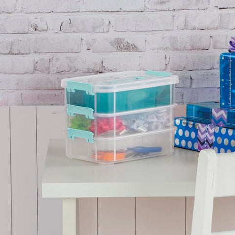 Sterilite 3-layer clear storage box with dividers, ideal for hobby supplies.