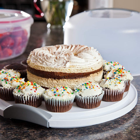 Sterilite cake server base and lid in a serving setup.