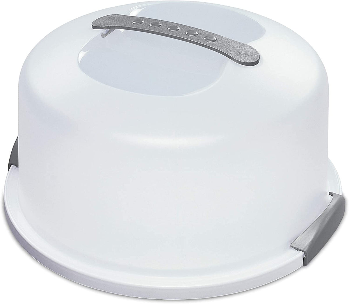 Sterilite cake server circular container with lid and handle for easy transport.