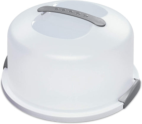 Sterilite cake server circular container with lid and handle for easy transport.