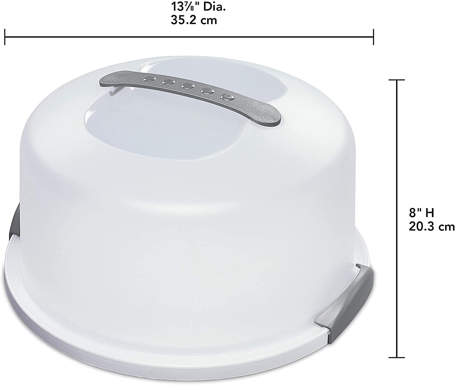 Sterilite cake server lid with handle shown for comfortable carrying.