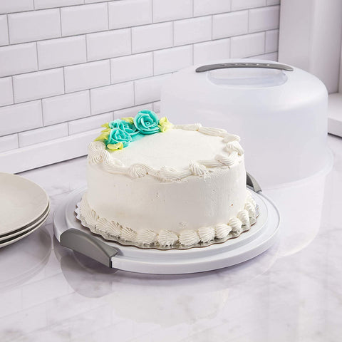 Sterilite cake server with two latches securing the lid.