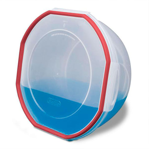 Sterilite Rocket Red Ultra Seal bowl, compact in cabinet for organized storage.