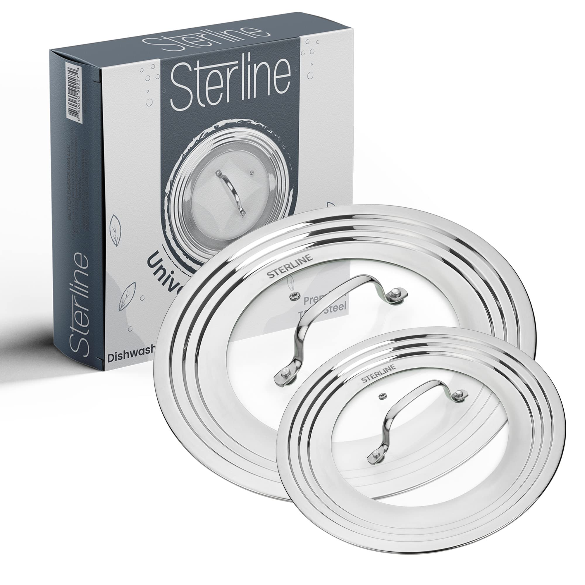 Sterline universal lid for small pots fits 5-12 inch pans, saving kitchen space.