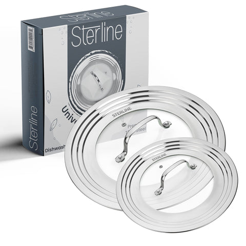 Sterline universal lid for small pots fits 5-12 inch pans, saving kitchen space.