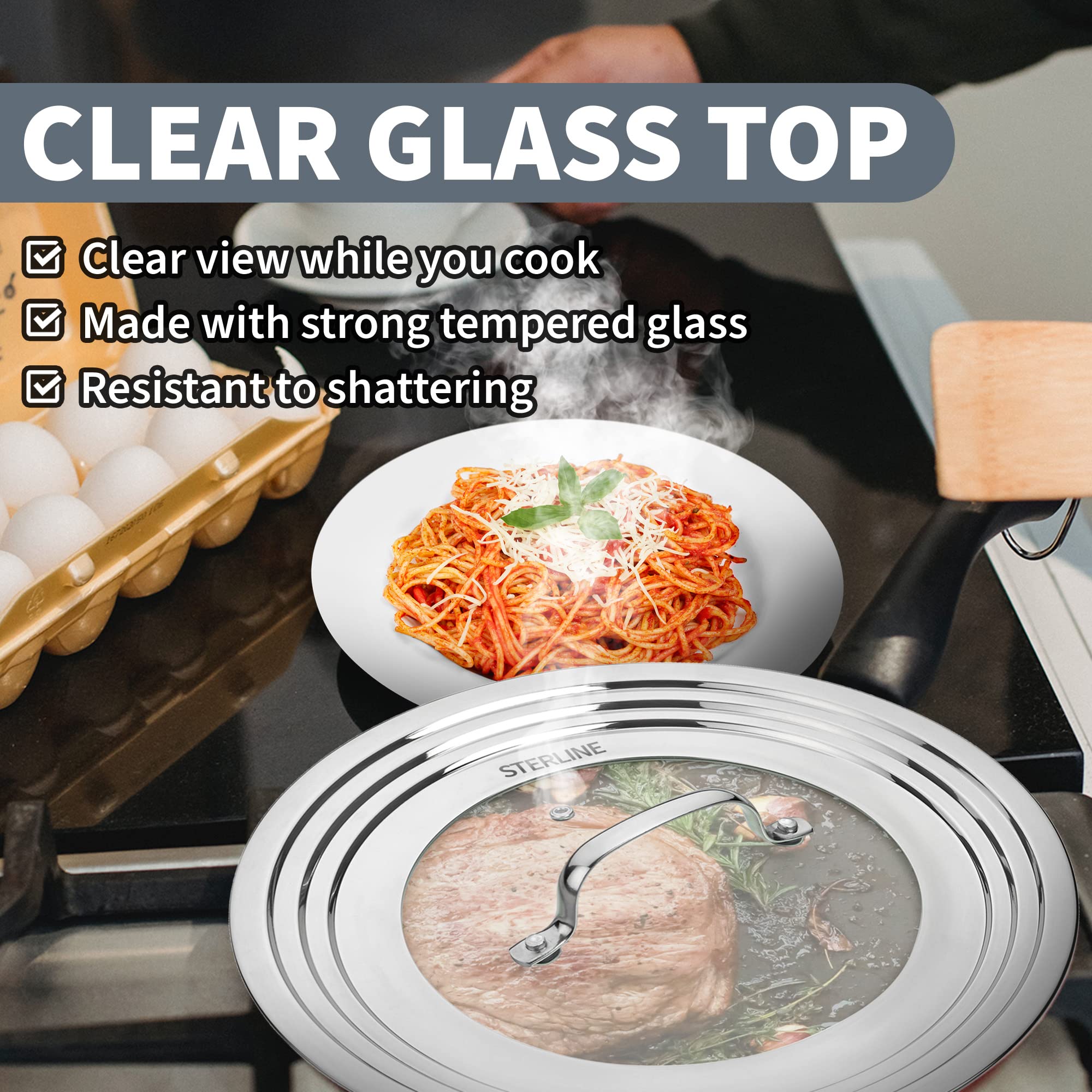 Sterline lid features vent hole and thermometer slot for steam control.