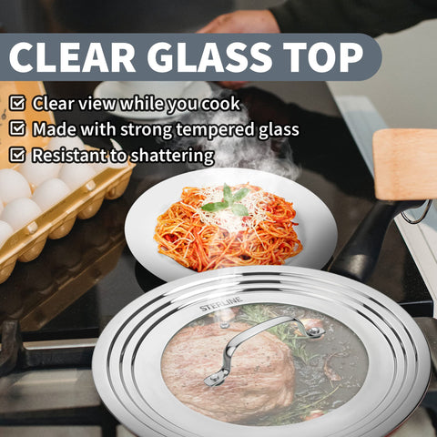 Sterline lid features vent hole and thermometer slot for steam control.
