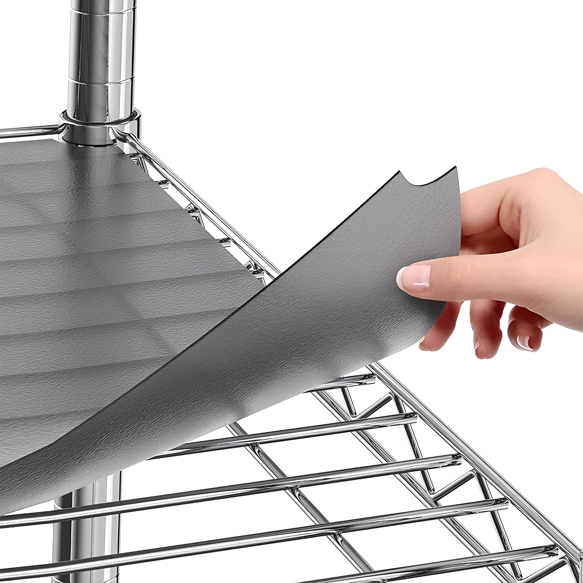 Sterling Shelf Liners Graphite pack of 4 protects wire shelves from spills.