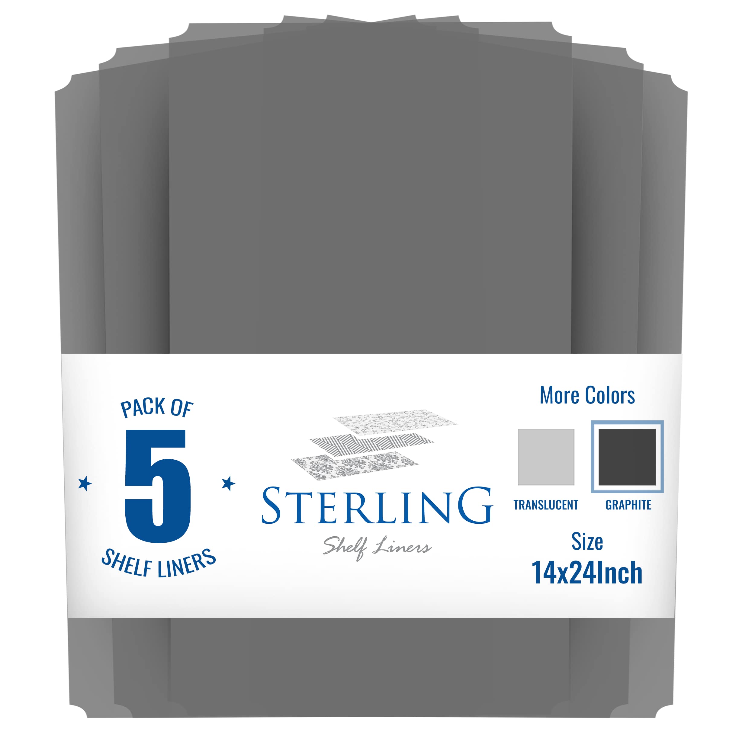 Sterling Shelf Liners Graphite fit 13.4 x 23.2 inch shelves.