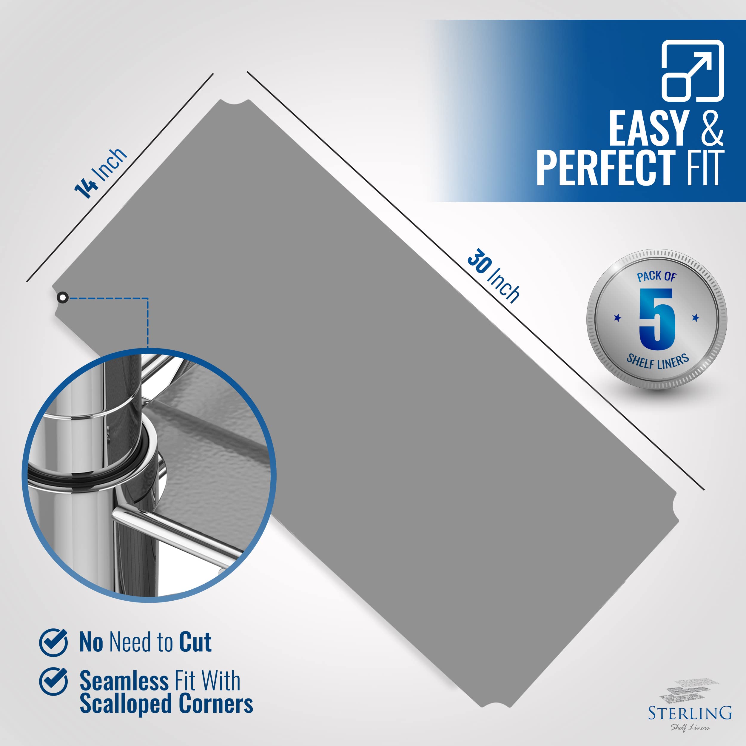 Sterling Shelf Liners graphite on wire shelving: tidy coverage protects items between levels.