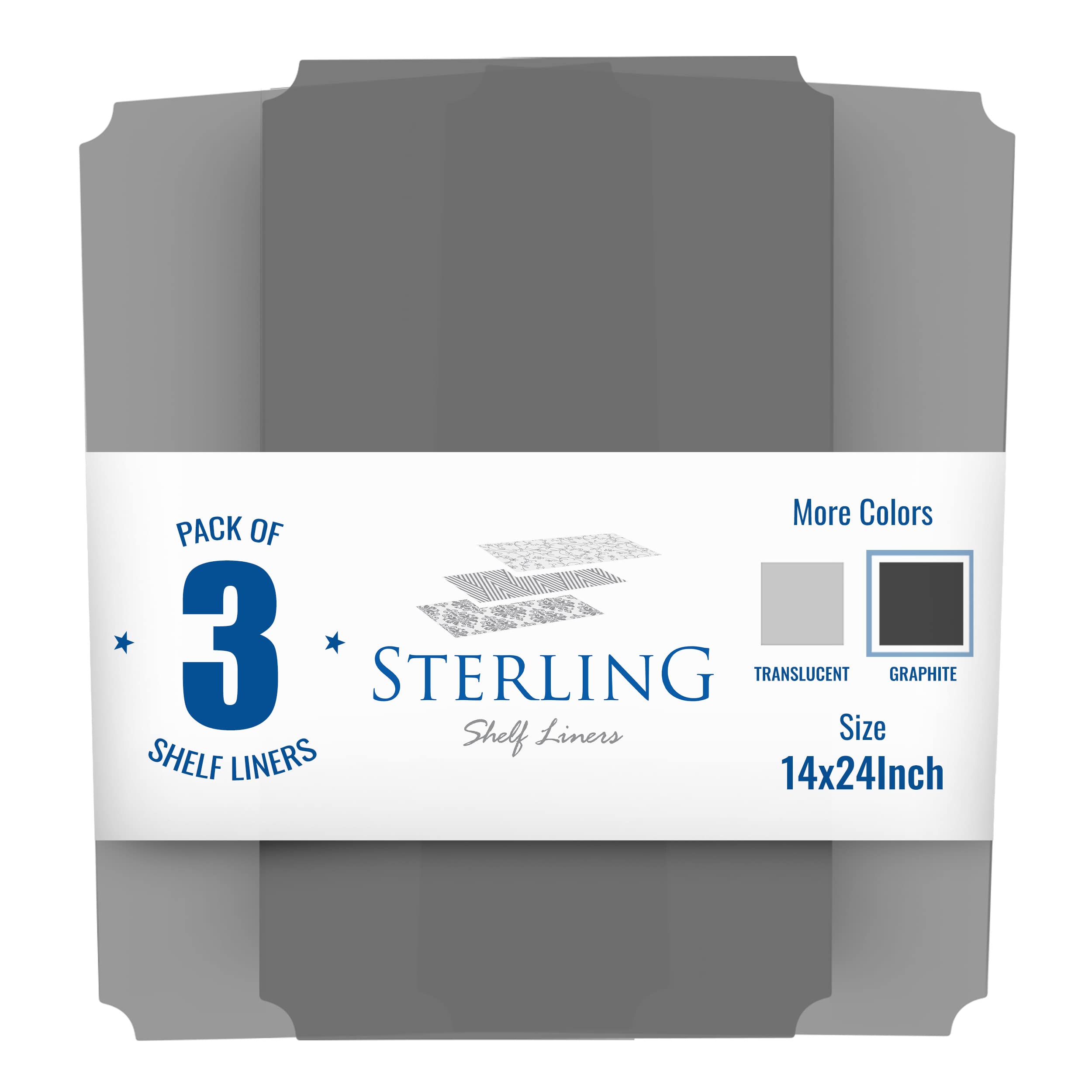 Sterling Shelf Liners Graphite flat-pack design keeps shelves neat