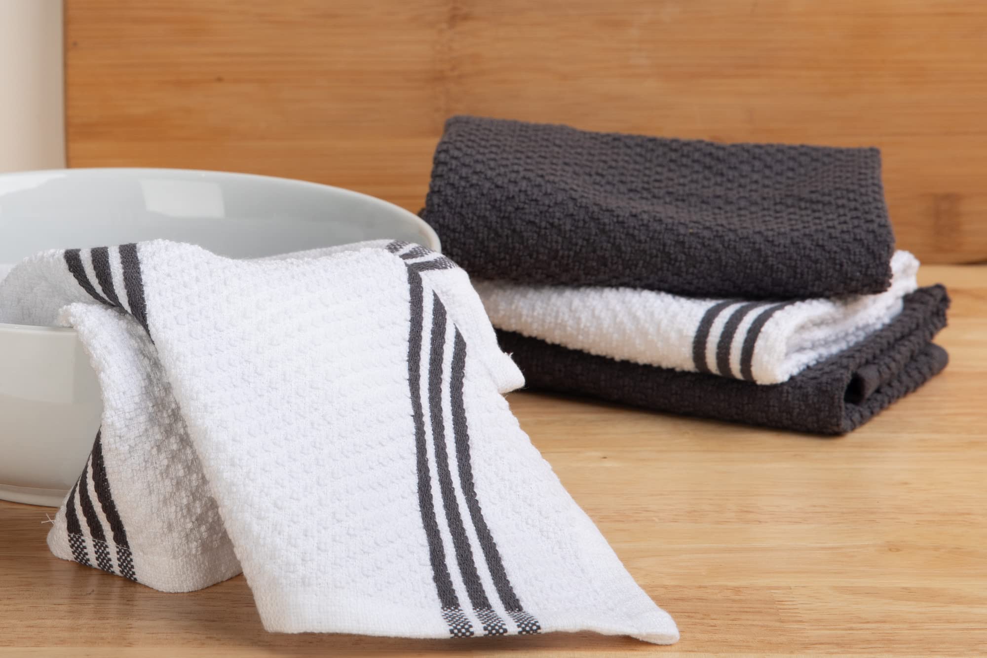 Sticky Toffee striped gray and white dishcloth for coordinated kitchen styling.
