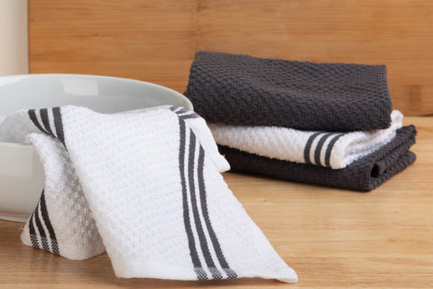 Sticky Toffee striped gray and white dishcloth for coordinated kitchen styling.