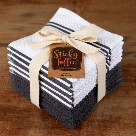 Sticky Toffee dishcloths shown as machine washable and dryer safe.