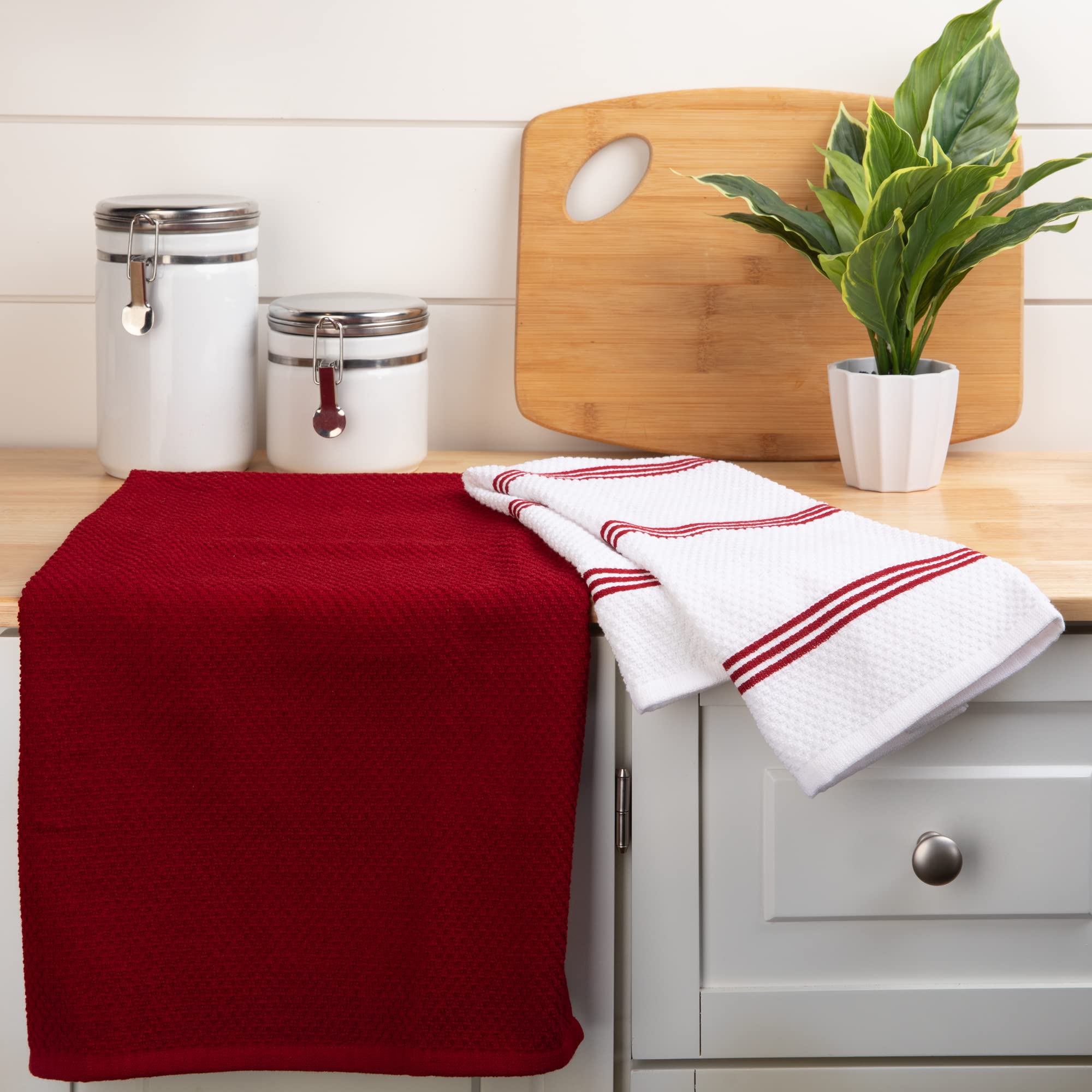 Sticky Toffee popcorn terry towels offer high absorbency for drying dishes.