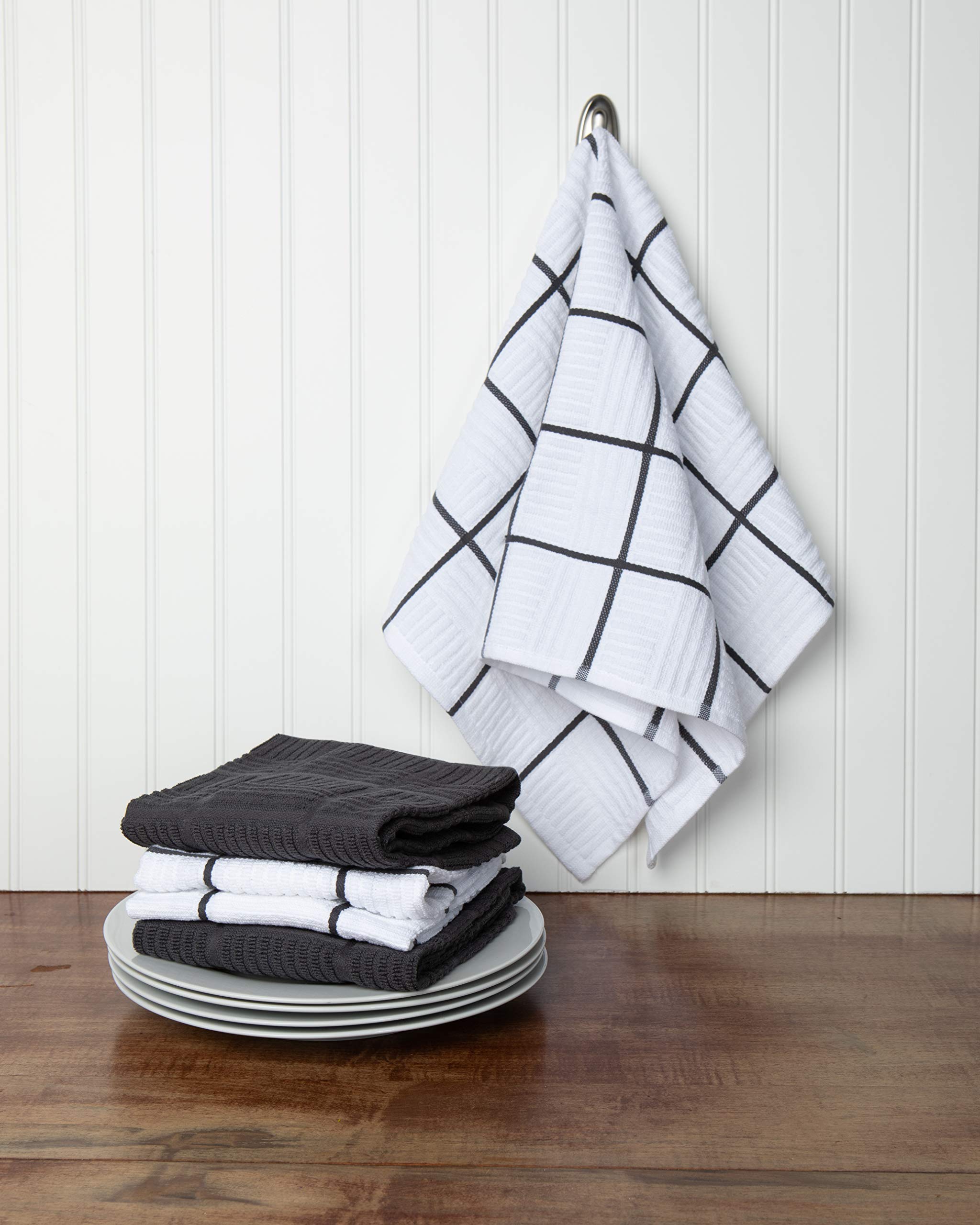 Sticky Toffee windowpane towels in gray and white add style while drying dishes.