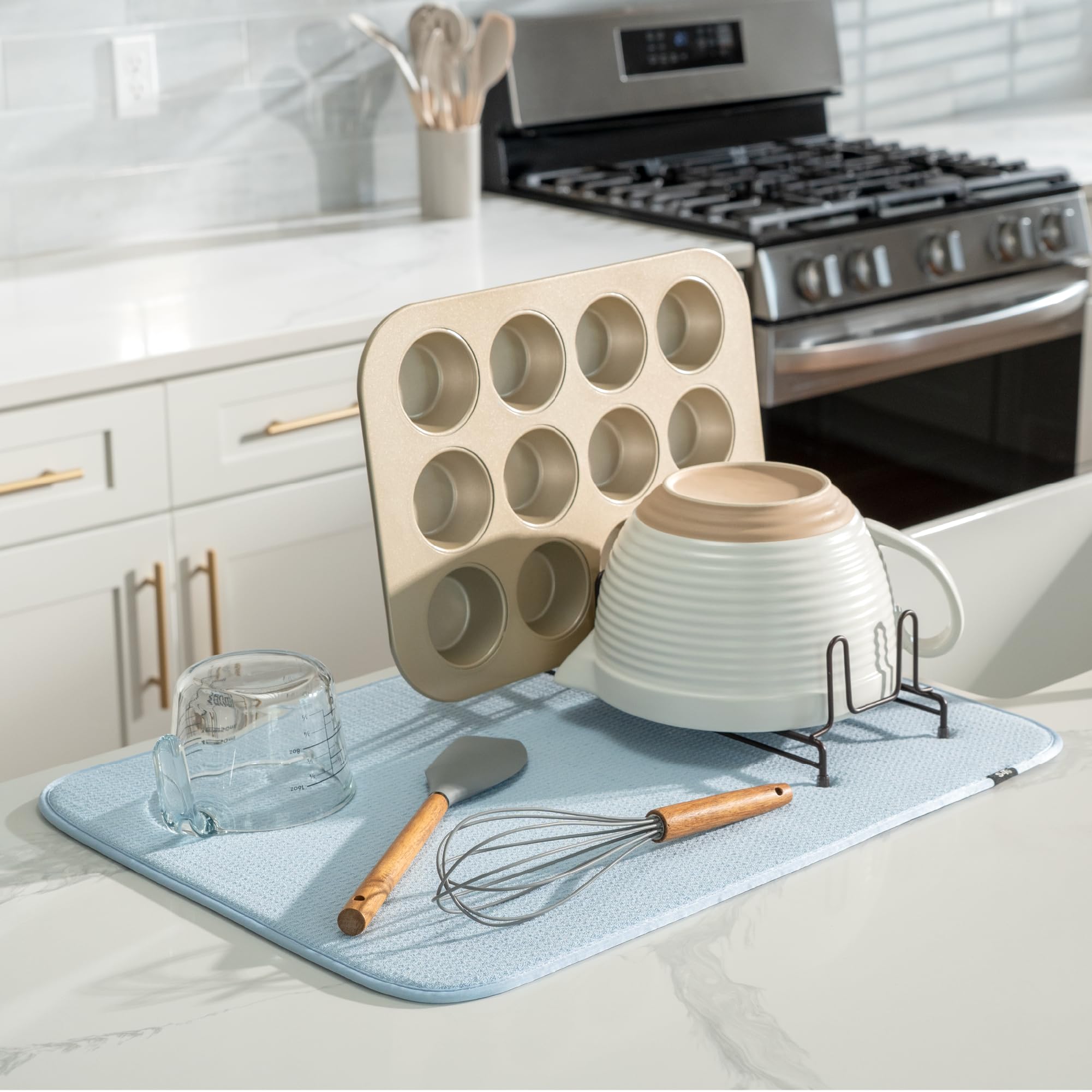 S&T INC. Counter drying mat under a dish rack catches drips and protects countertops