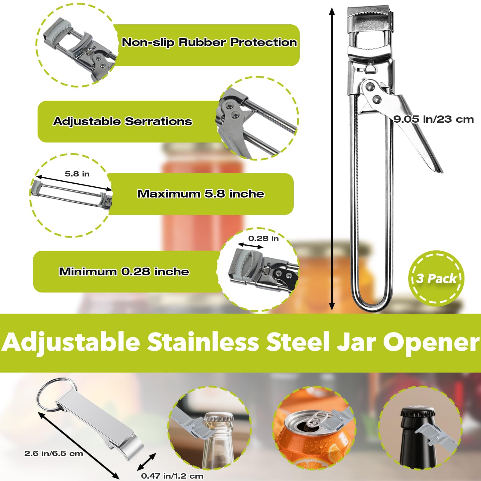 Stitokg jar opener shows easy grip on ribbed lids for better leverage.
