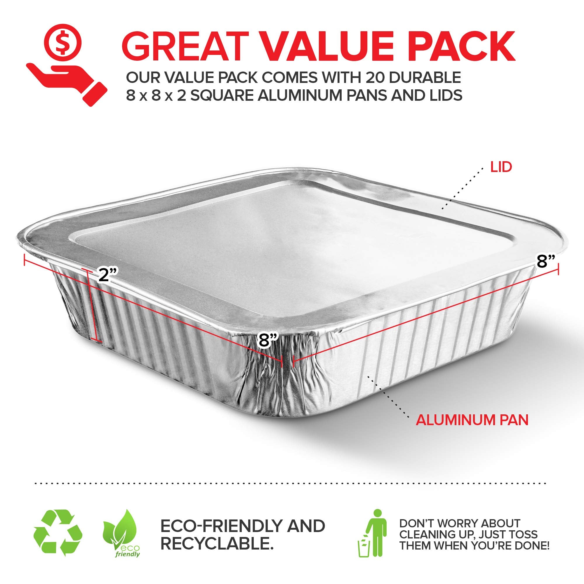 Stock Your Home 8x8 foil pans with lids, side grip, sturdy for catering prep.