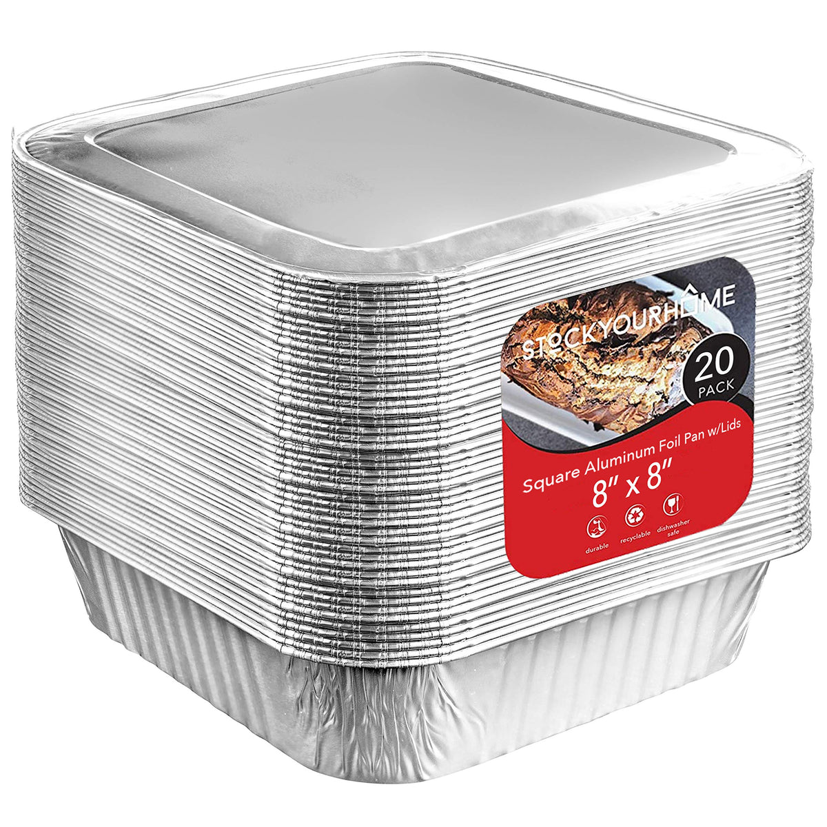 Stock Your Home 8x8 foil pan top view with lid, ideal for baking and transport.