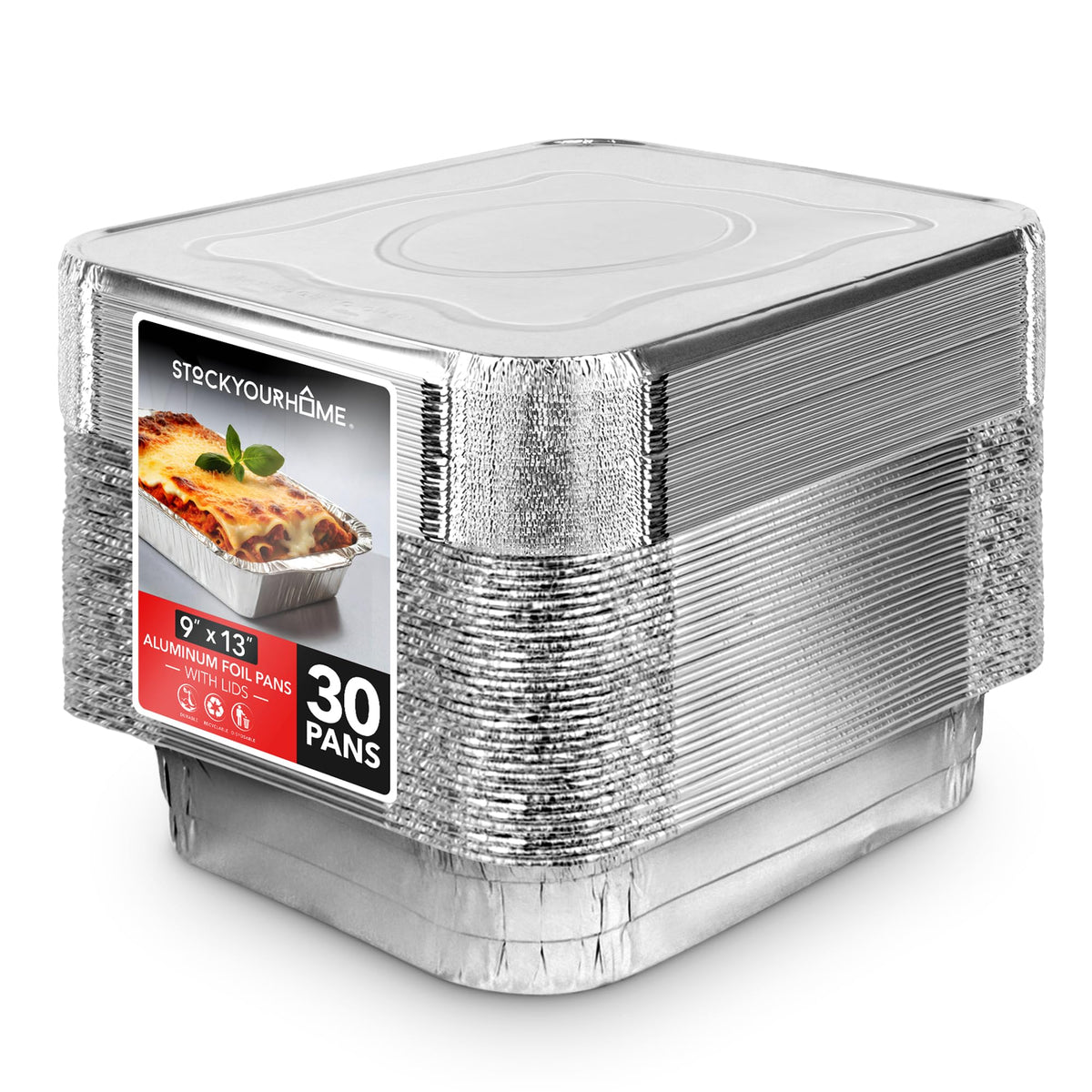 Stock Your Home 9x13 foil pan with lid for easy transport and even baking.