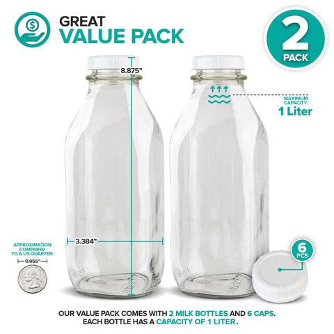 Stock Your Home glass milk bottle with lid closeup shows sturdy jar design for everyday use