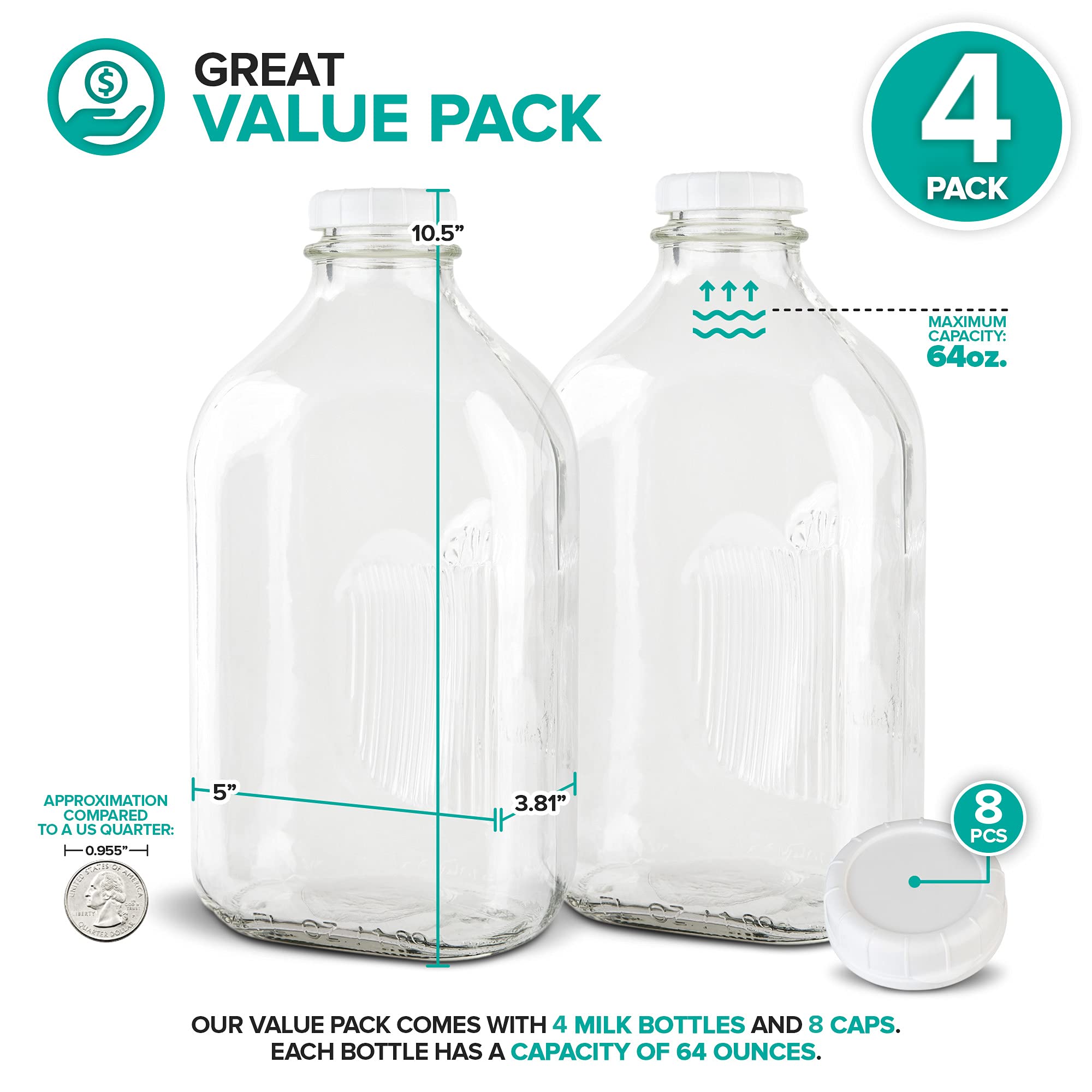 Stock Your Home four-pack glass milk bottles with lids for versatile kitchen organization.