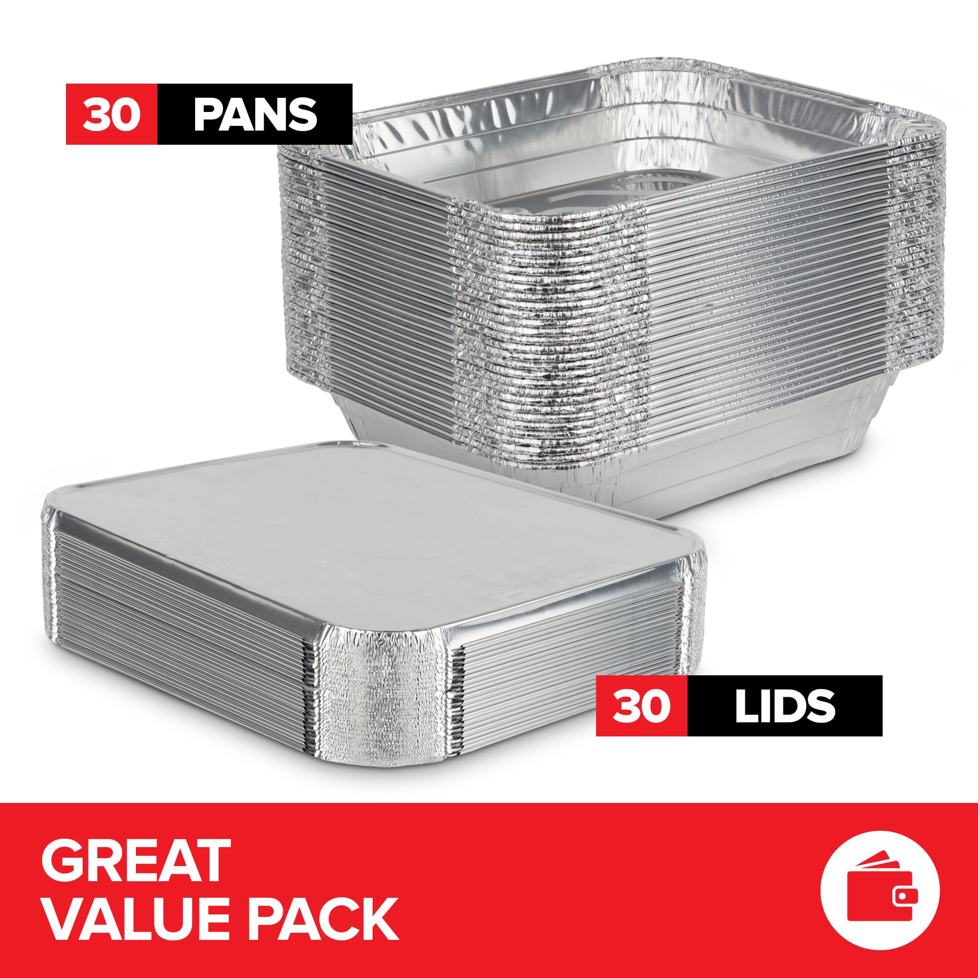 Stock Your Home 30-count heavy-duty foil pans for catering and quick cleanup.