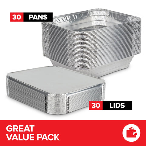 Stock Your Home 30-count heavy-duty foil pans for catering and quick cleanup.
