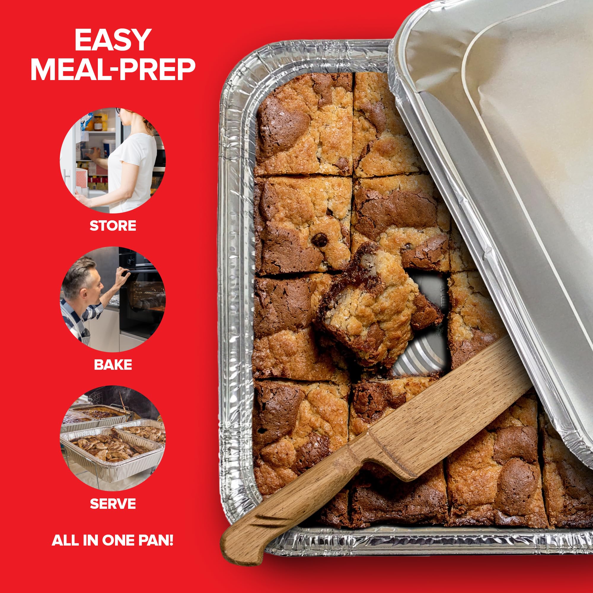 Stock Your Home oven-ready foil pan with cake image showing golden crust.