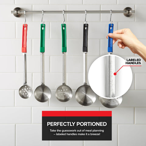 Stock Your Home 6oz black slotted spoon for proteins and combos.