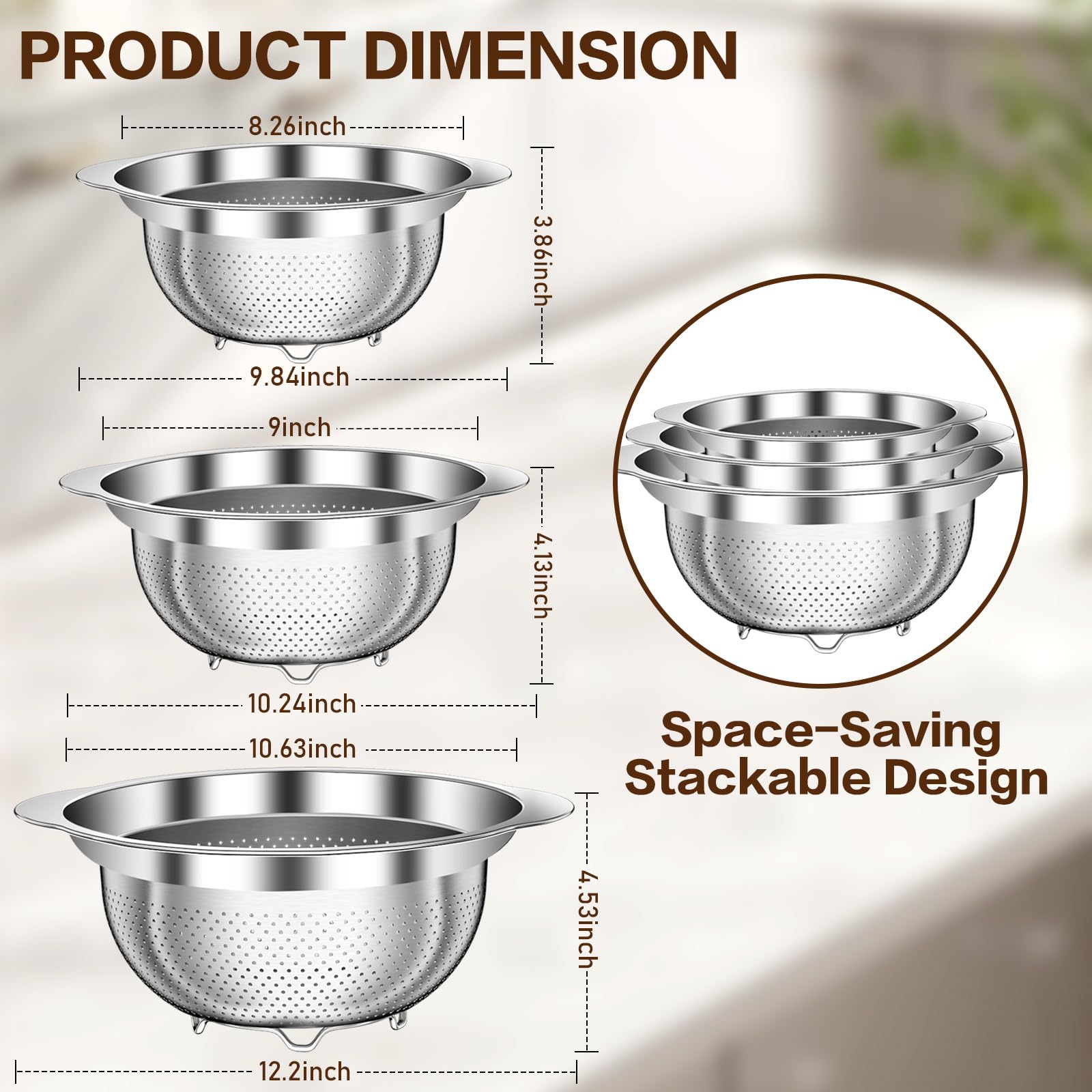 STOCKPOT 3qt stainless steel colander ideal for draining pasta and rinsing vegetables.