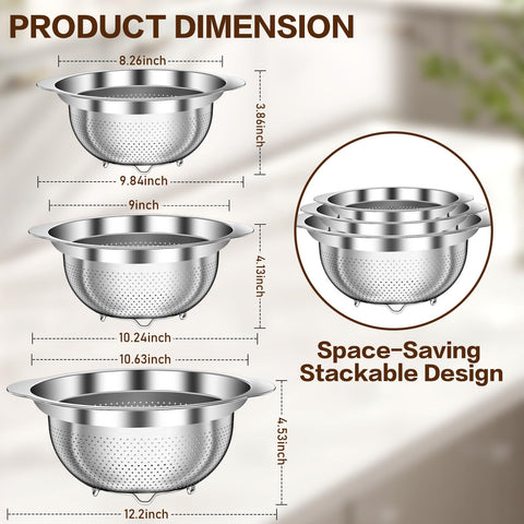 STOCKPOT 3qt stainless steel colander ideal for draining pasta and rinsing vegetables.