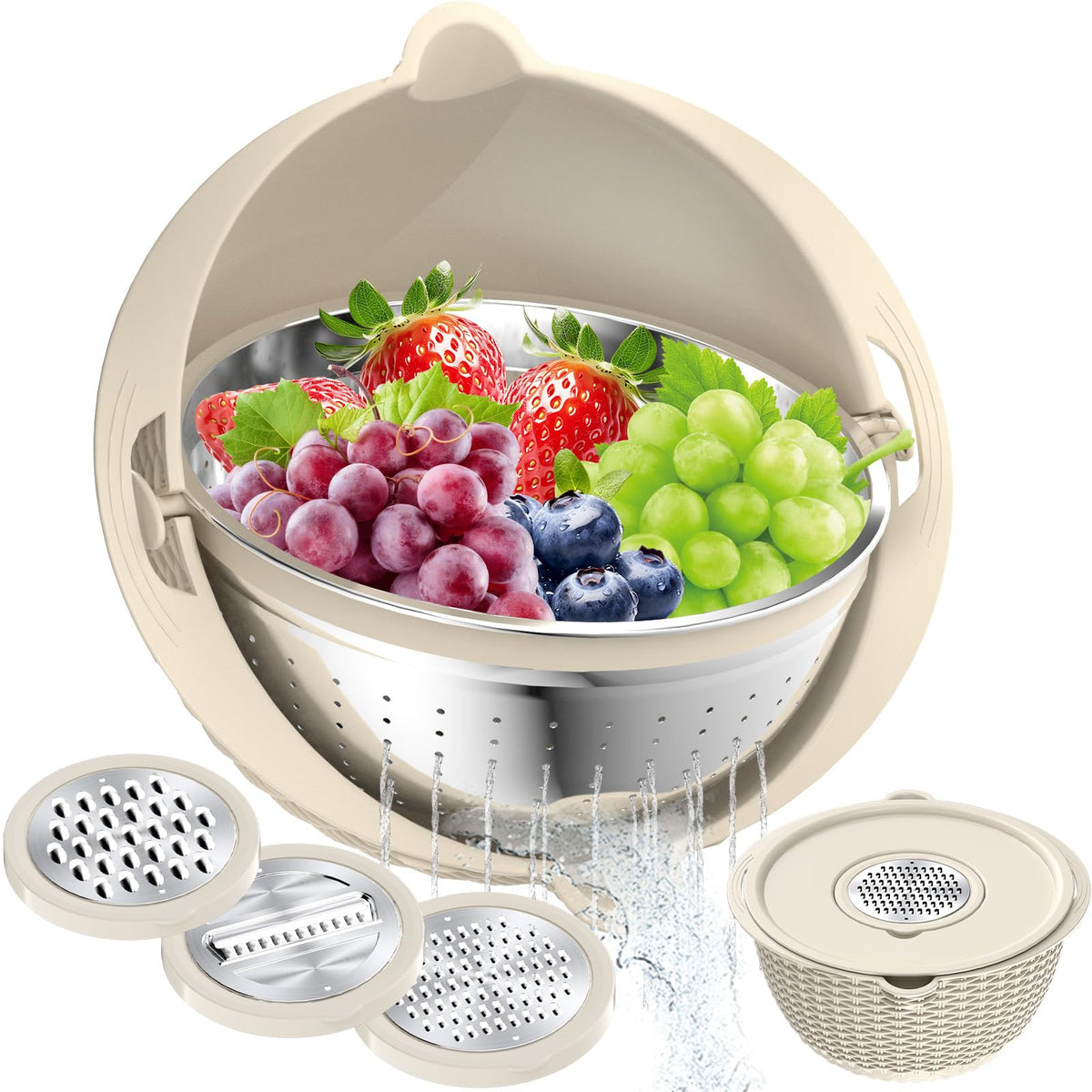 Stockpot 4-1 colander with bowl set showing rotating strainer, ideal for quick draining