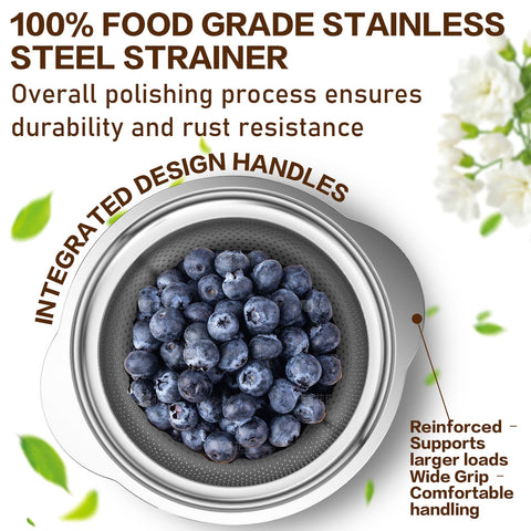 STOCKPOT 5qt stainless steel colander suitable for large batches of pasta and fruit.