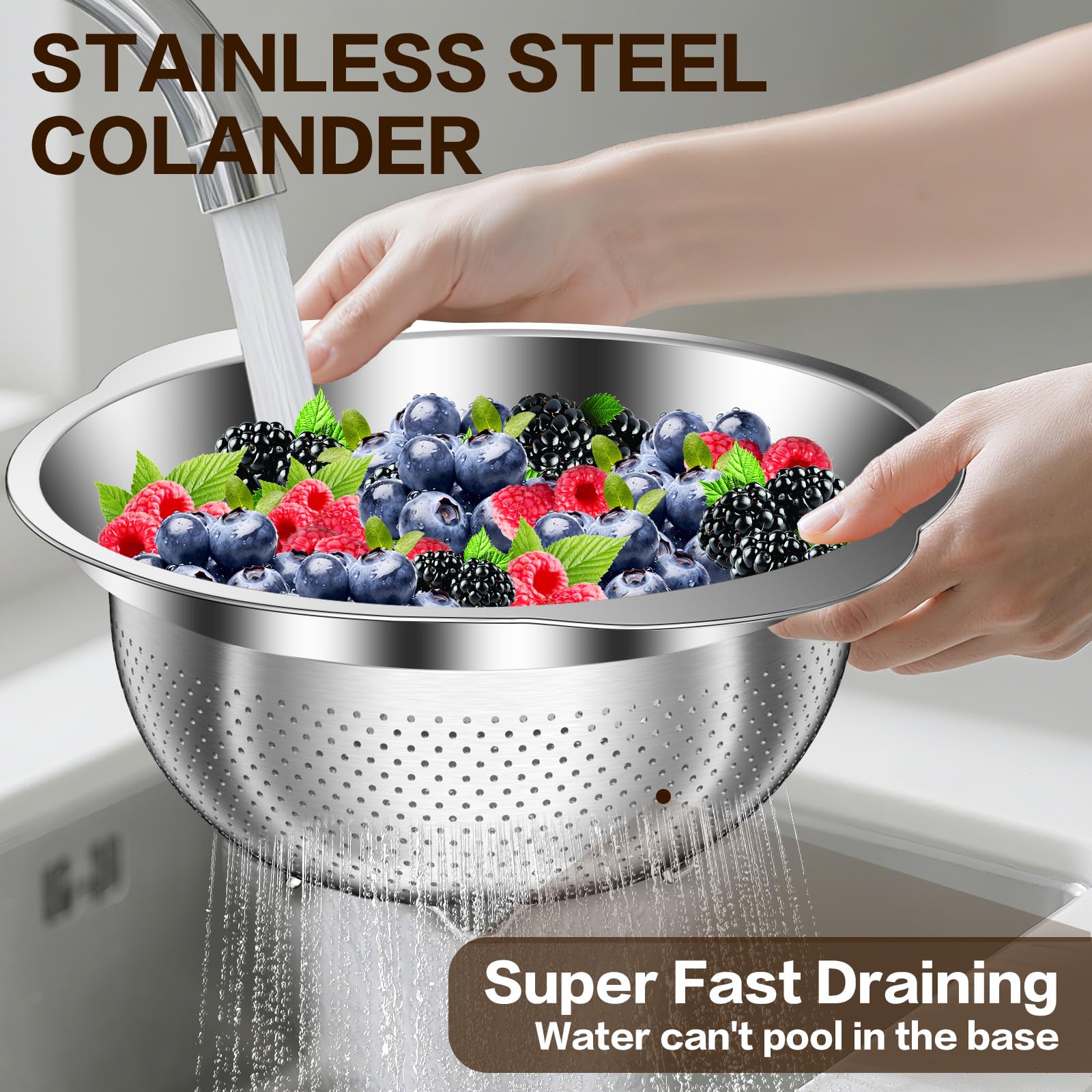 STOCKPOT dishwasher-safe colander makes cleanup quick after meals.