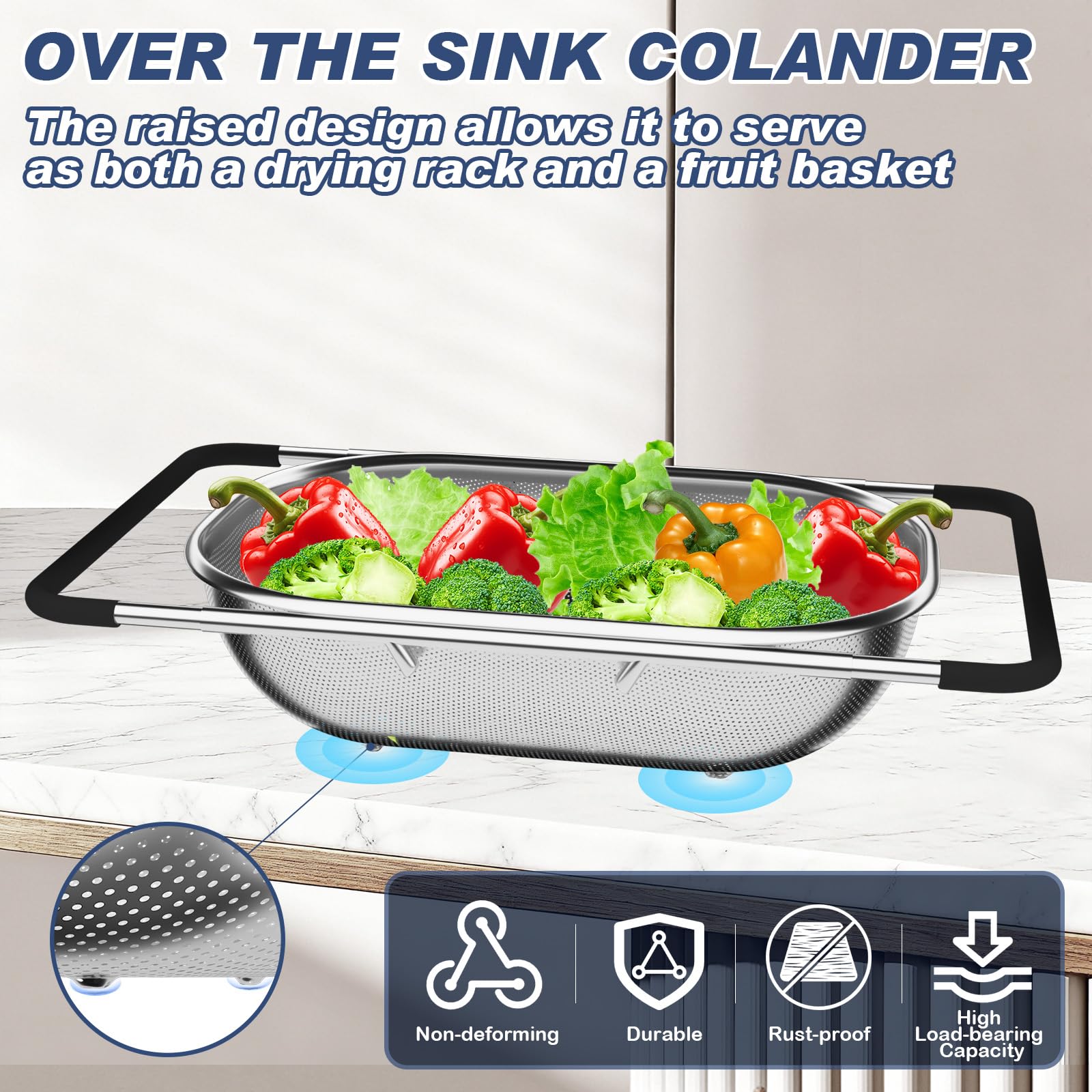 Stockpot expandable colander fits most sinks for flexible setup