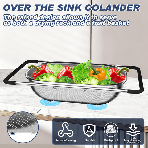 Stockpot expandable colander fits most sinks for flexible setup