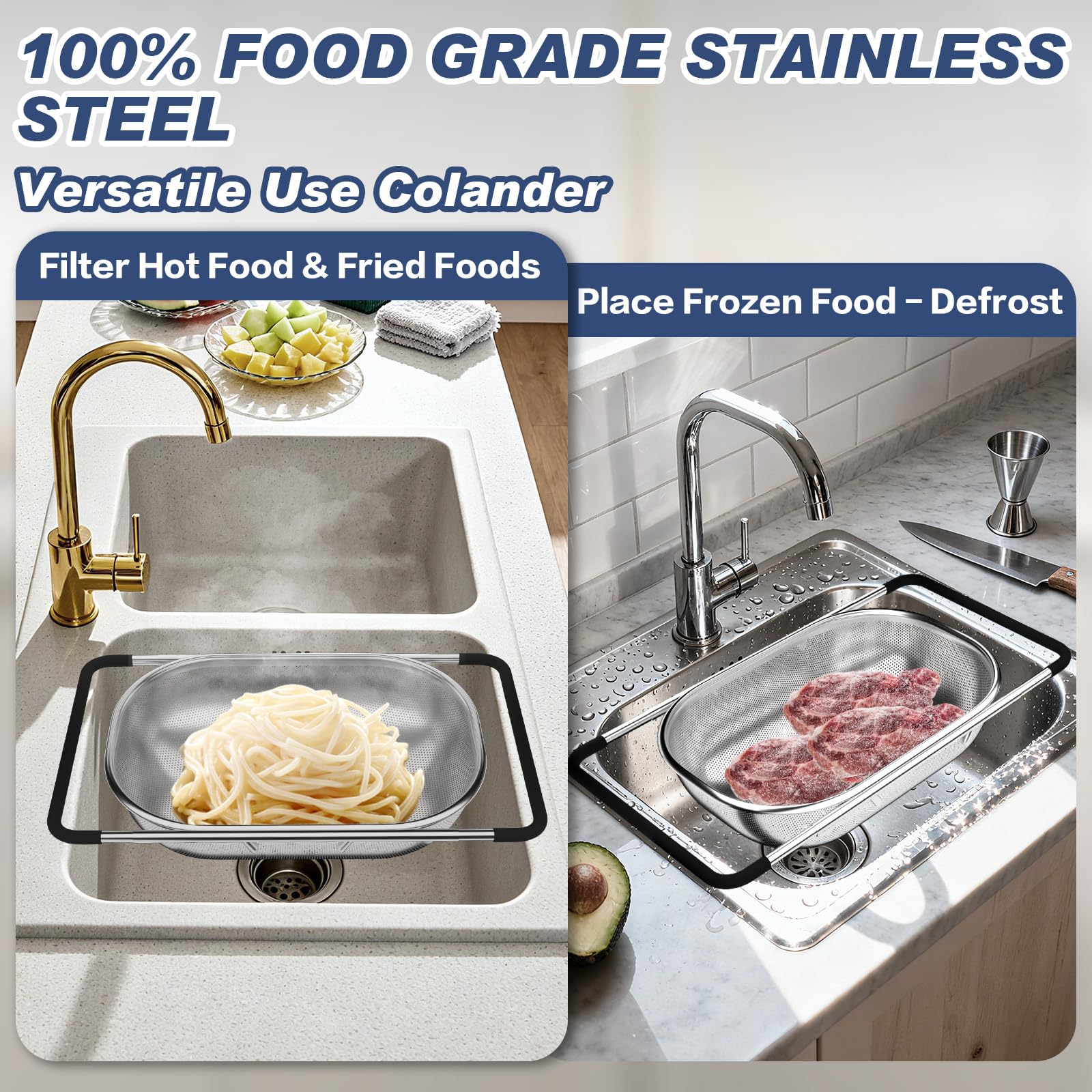Stockpot rubber grip handle keeps colander stable during draining